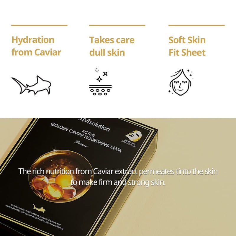 JMsolution Active Golden Caviar Nourishing Mask - Korean Skincare Facial Mask-Cavior extracted - collagen essense- 10 sheets for all skin type - Image 4