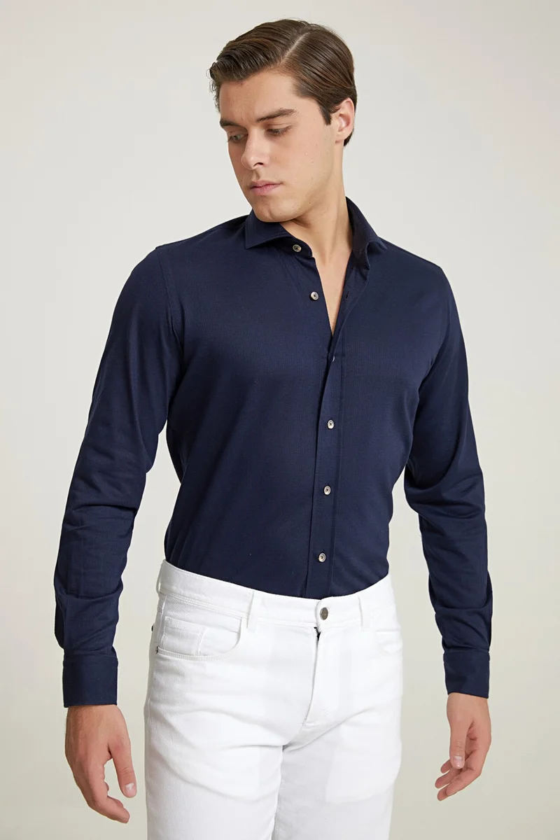 دي أس دامات D'S Groom Slim Fit Navy Blue Knitted Shirt 7HC02X201327M