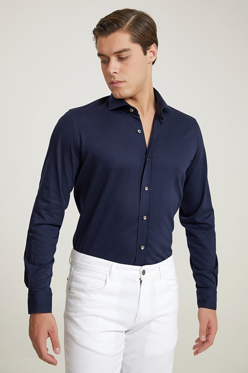 D'S DAMAT D'S Groom Slim Fit Navy Blue Knitted Shirt 7HC02X201327M - Image 1