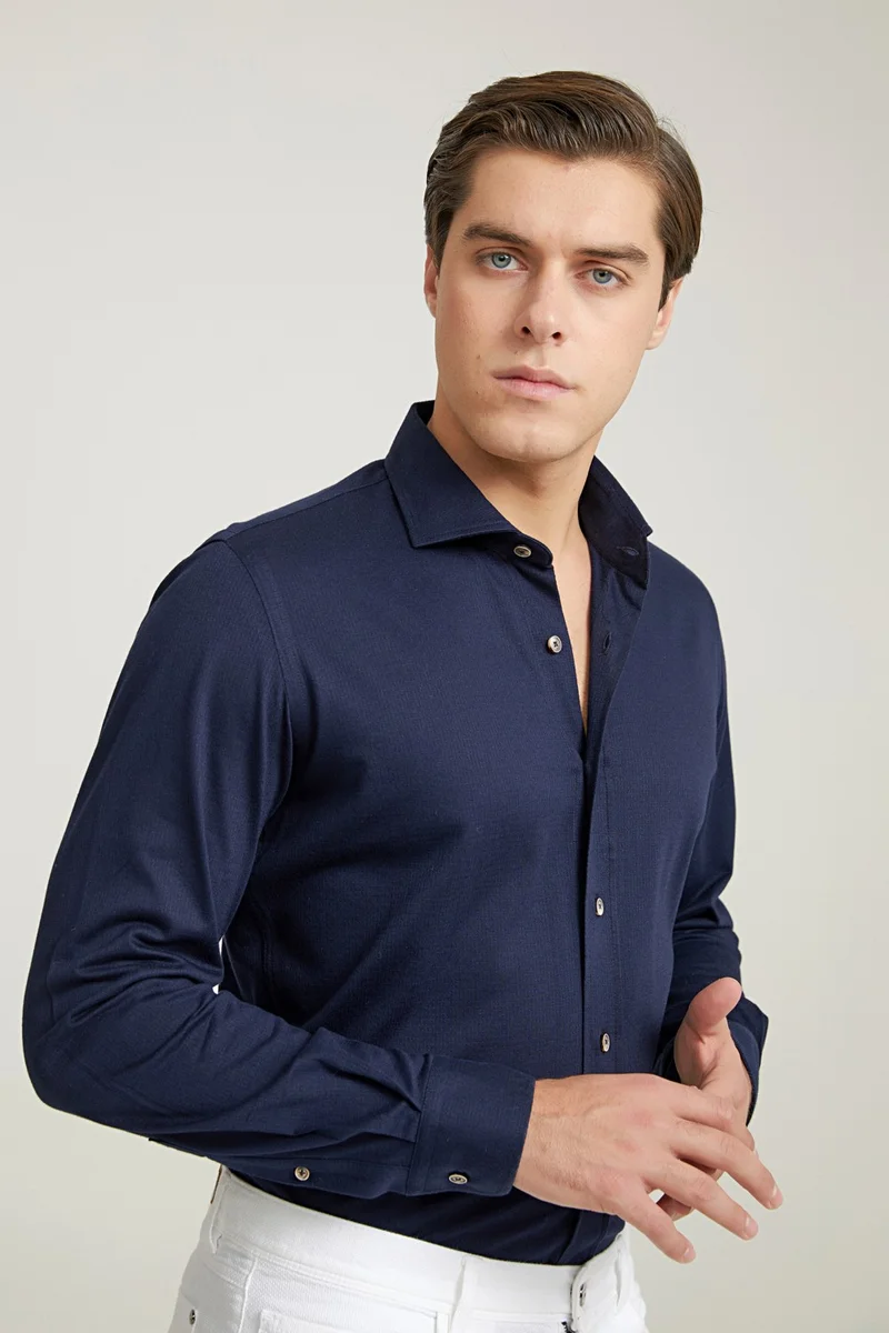 دي أس دامات D'S Groom Slim Fit Navy Blue Knitted Shirt 7HC02X201327M