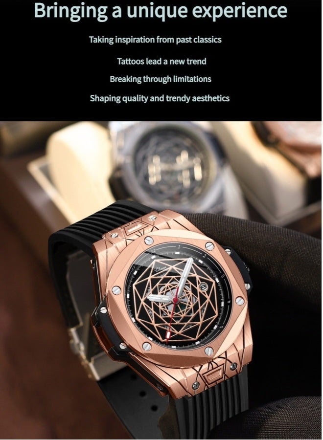 Chenxi Men's Rose Gold & Black Luxury Watch - Geometric Dial with Rubber Strap | Stylish Sporty Formal Timepiece - Image 3