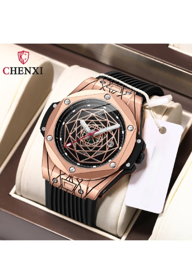 Chenxi Men's Rose Gold & Black Luxury Watch - Geometric Dial with Rubber Strap | Stylish Sporty Formal Timepiece - Image 2