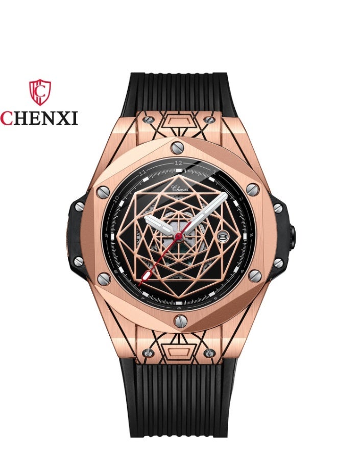 Chenxi Men's Rose Gold & Black Luxury Watch - Geometric Dial with Rubber Strap | Stylish Sporty Formal Timepiece - Image 1