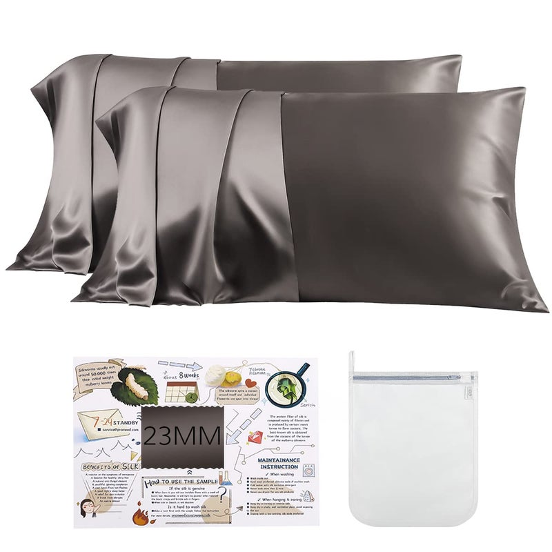 PROMEED 100% Silk Pillowcase 2 Pack with Zipper  Both Sides Premium Mulberry Silk Pillow Cases Set of 2 for Hair and Skin  Anti BedHead  Anti Frizz (Standard 20""x26""  Grey)