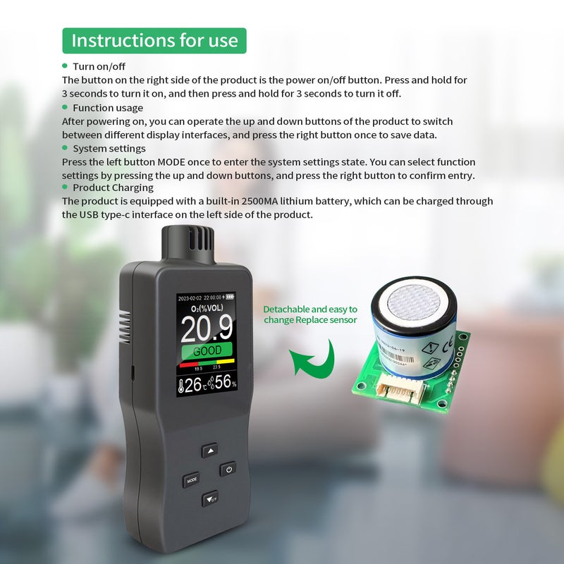 Portable oxygen content monitor, O2 humidity and temperature detector, with sound and light alarm, real-time monitoring, automatic storage of historical data, indoor and outdoor professional detector, suitable for tunnels, underground pipelines, and - Image 2