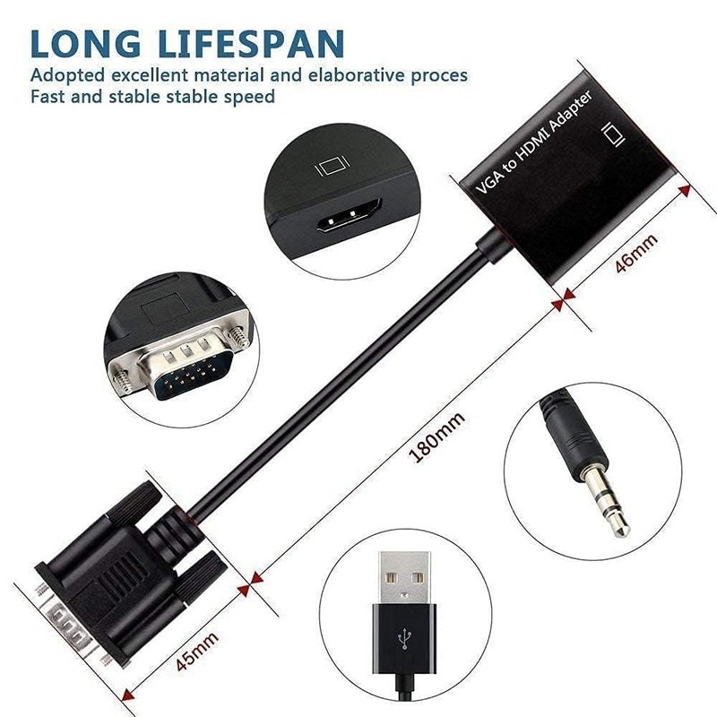 GR Deals محول VGA إلى HDMI مع دعم الصوت 1080P HDTV وكابل USB لمصدر الطاقة مدعوم للتلفاز، الكمبيوتر، البروجيكتور، اللابتوب، DVD، AV. أسود. - Image 5
