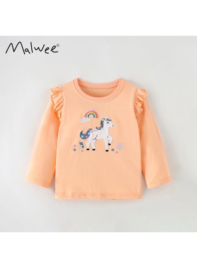 Malwee Girls T-shirt, New Arrival For Autumn And Winter, European And American Style, Round Neck Long Sleeve Clothing For Little Girls