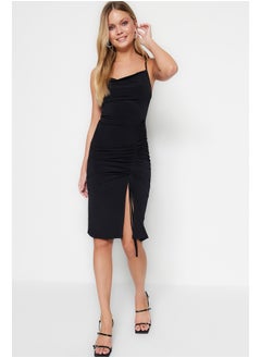 Black Gather Detailed Fitted Midi Collar Stretchy Knitted Dress TWOSS23EL01267