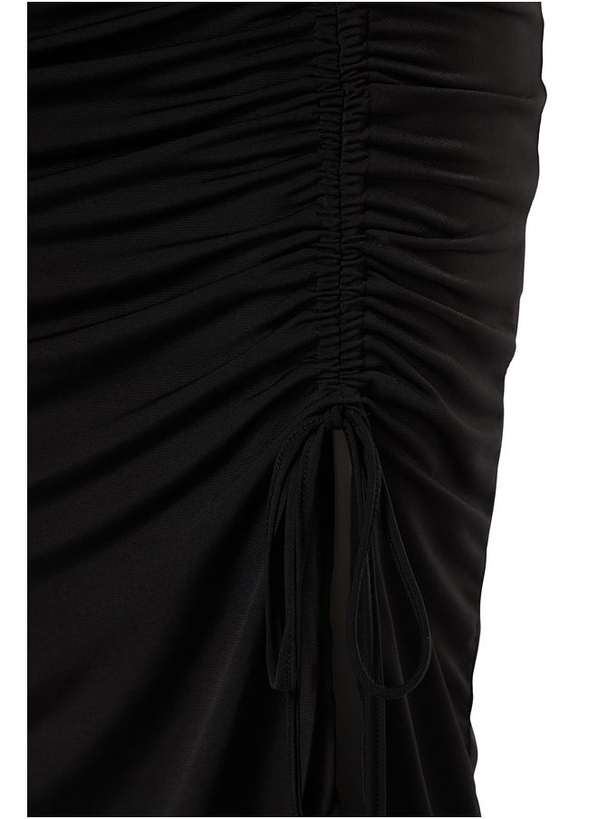 trendyol - Black Gather Detailed Fitted Midi Collar Stretchy Knitted Dress TWOSS23EL01267 - Image 1