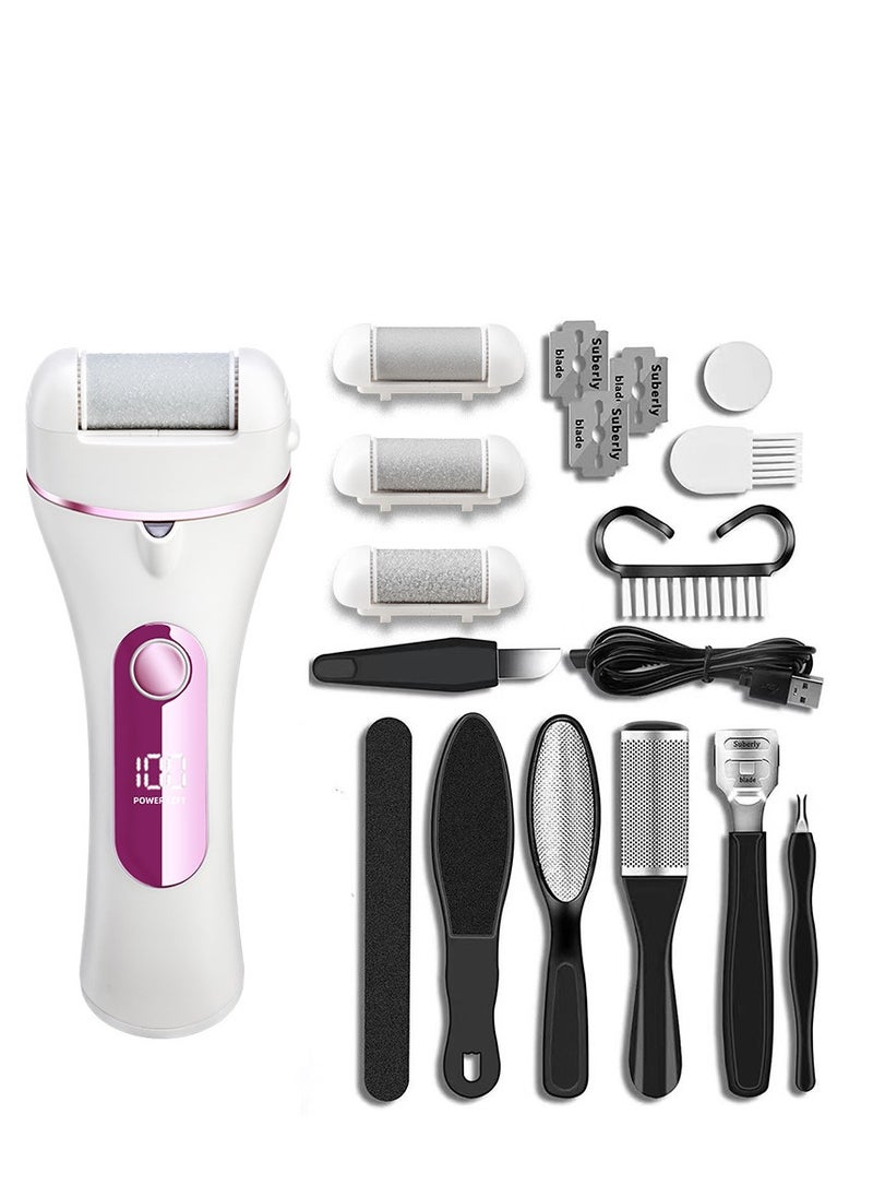 Generic Foot File Electric for Hard Skin USB Rechargeable Digital Display Waterproof Scrub Callus Remover with 3 Pumice Stone Rollers 10 in 1 Scraper Set Care Tool Washing and Grinding Pedicure to Remove Calluses and Dead Dry Cracked Heel Skin (Rose Pink)  - Image 1