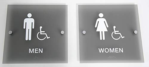 Custom Product Solutions Designer ADA Men Women Restroom Sign Set with Braille and Stand Off Mounts, 9" Square Smoke Grey - Image 1