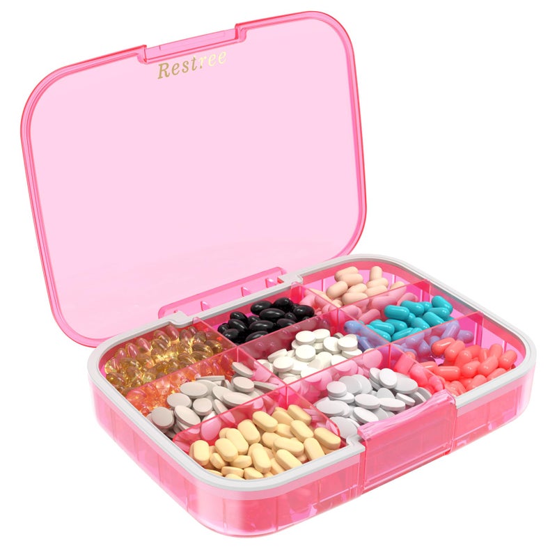 Restree Large Pill Organizer Moisture Proof Waterproof Travel Pill Case Portable Medication Box with Adjustable Dividers for Vitamins Supplements Fish Oil and Daily Pills 9 Compartments Pink