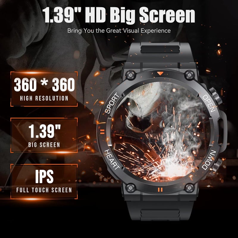 EIGIIS Military Smart Watches for Men Make Call 1.39" HD Big Screen Fitness Tracker Rugged Tactical Smartwatch Compatible with iPhone Samsung Android Phones Heart Rate Sleep Monitor Sports Watch (Black) - Image 5