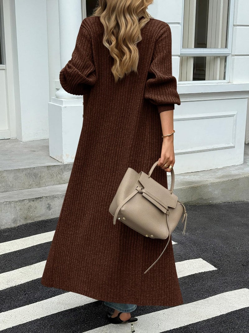 Saodimallsu Womens Long Cardigans V Neck Button Down Chunky Knit Dusters Sweater Coat Fall Trendy Maxi Sweater Dress Brown - Image 4
