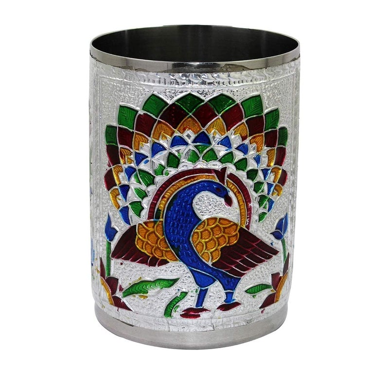 DIGIDEAL Set of 6 Stain Less Steel Glass Indian Hand Made Meena Work Peacock Design Color Diwali Christmas Wedding Tumbler Gift Set Item Silver - Image 3