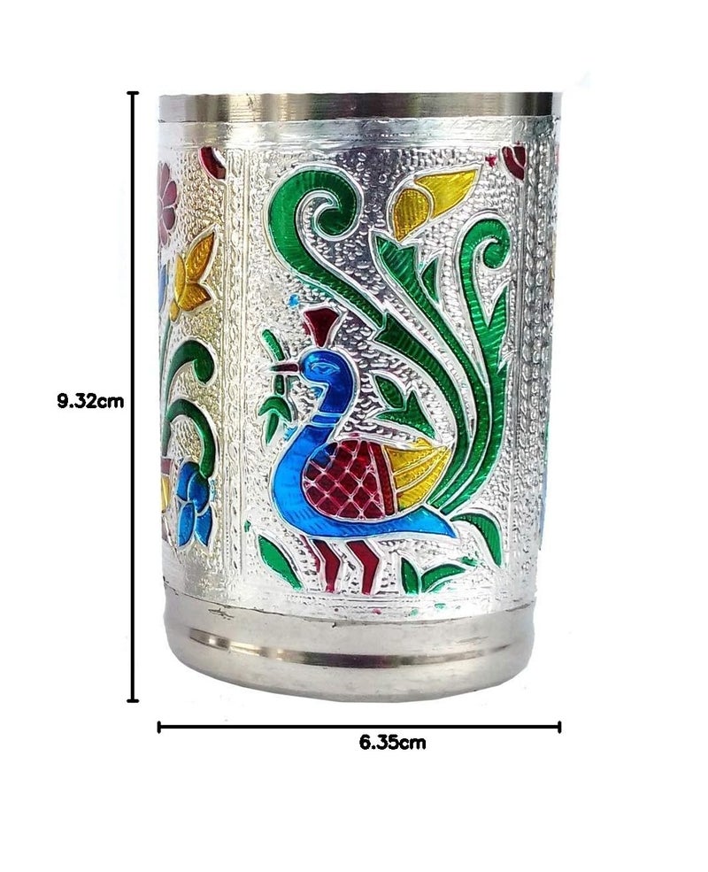 DIGIDEAL Set of 6 Stain Less Steel Glass Indian Hand Made Meena Work Peacock Design Color Diwali Christmas Wedding Tumbler Gift Set Item Silver - Image 5