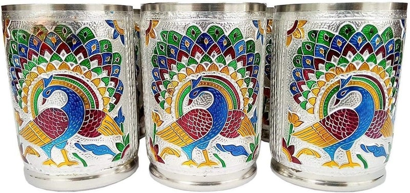 DIGIDEAL Set of 6 Stain Less Steel Glass Indian Hand Made Meena Work Peacock Design Color Diwali Christmas Wedding Tumbler Gift Set Item Silver - Image 2