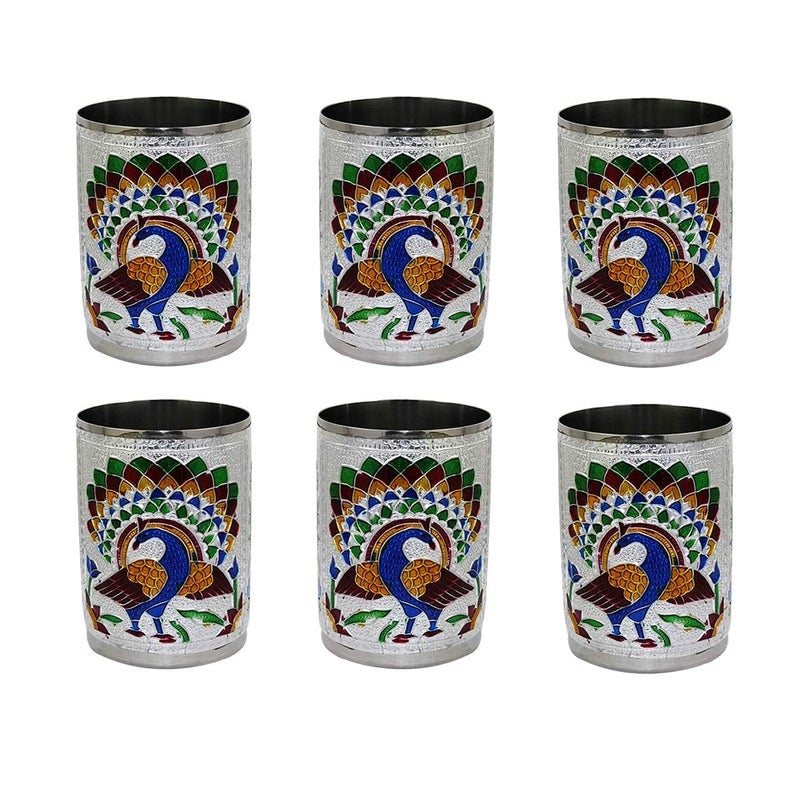 DIGIDEAL Set of 6 Stain Less Steel Glass Indian Hand Made Meena Work Peacock Design Color Diwali Christmas Wedding Tumbler Gift Set Item Silver - Image 1