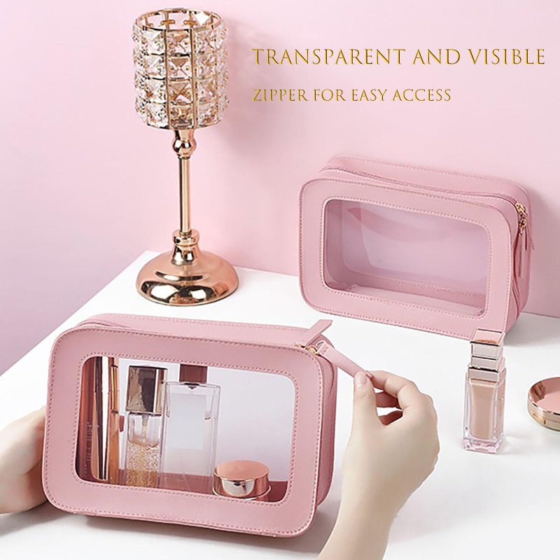 WMM Clear and Waterproof Makeup Bag Portable Travel Cosmetic Case Organizer for Women Toiletry Pouch with Transparent Vinyl Windows & Zippers (Pink) - Image 3