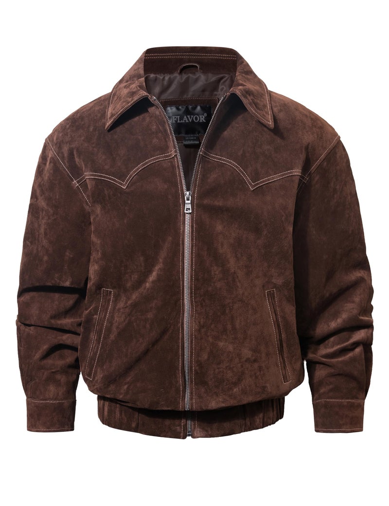 FLAVOR Men Genuine Leather Bomber Jacket Casual Fall Winter Jacket Brown Large Dark Brown