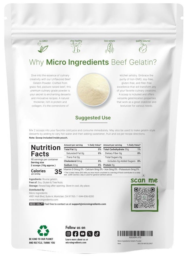 Micro Ingredients مسحوق جيلاتين لحم البقر، 2 رطل (32 أونصة) | مصدر ممتاز من لحم البقر الذي يتغذى على العشب ويعيش في المراعي | عامل تكثيف غير منكه للطهي والخبز | غني بالبروتين الطبيعي والكولاجين | غير معدّل وراثيًا، خالي من الغلوتين - Image 2