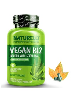 NATURELO Vegan B12 Infused With Spirulina 1000 mcg Methylcobalamin 90 Easy Swallow Capsules Dietary Supplement Formulated to support Cellular Energy Production  - Image 1