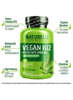 NATURELO Vegan B12 Infused With Spirulina 1000 mcg Methylcobalamin 90 Easy Swallow Capsules Dietary Supplement Formulated to support Cellular Energy Production  - Image 4