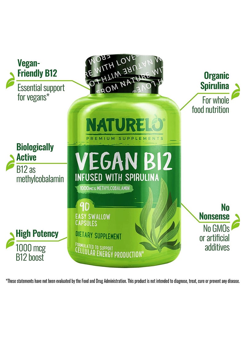 NATURELO Vegan B12 Infused With Spirulina 1000 mcg Methylcobalamin 90 Easy Swallow Capsules Dietary Supplement Formulated to support Cellular Energy Production  - Image 4