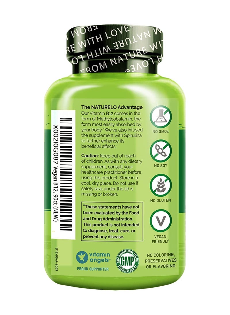 NATURELO Vegan B12 Infused With Spirulina 1000 mcg Methylcobalamin 90 Easy Swallow Capsules Dietary Supplement Formulated to support Cellular Energy Production  - Image 2