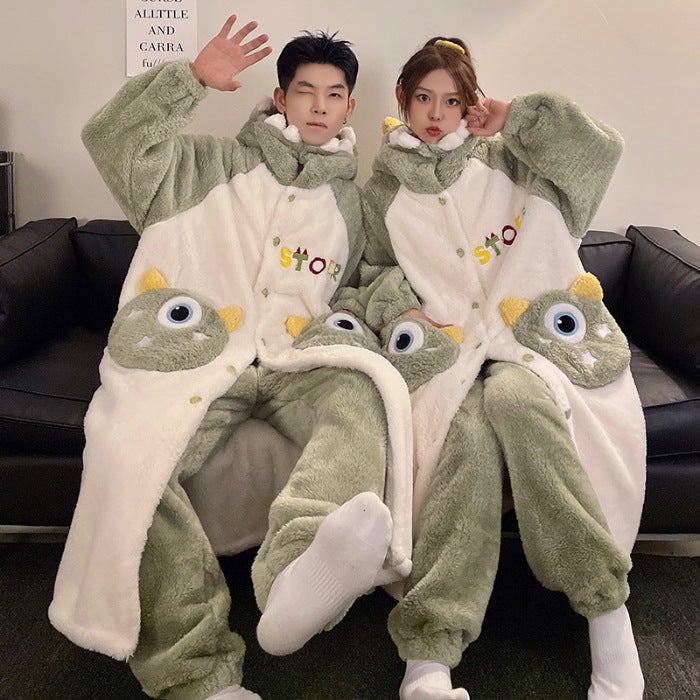 Couple Pajamas Women'S Plush Cute Cartoon Hooded Nightgown Men'S Pajamas Thickened Warm Home Clothes - Image 1