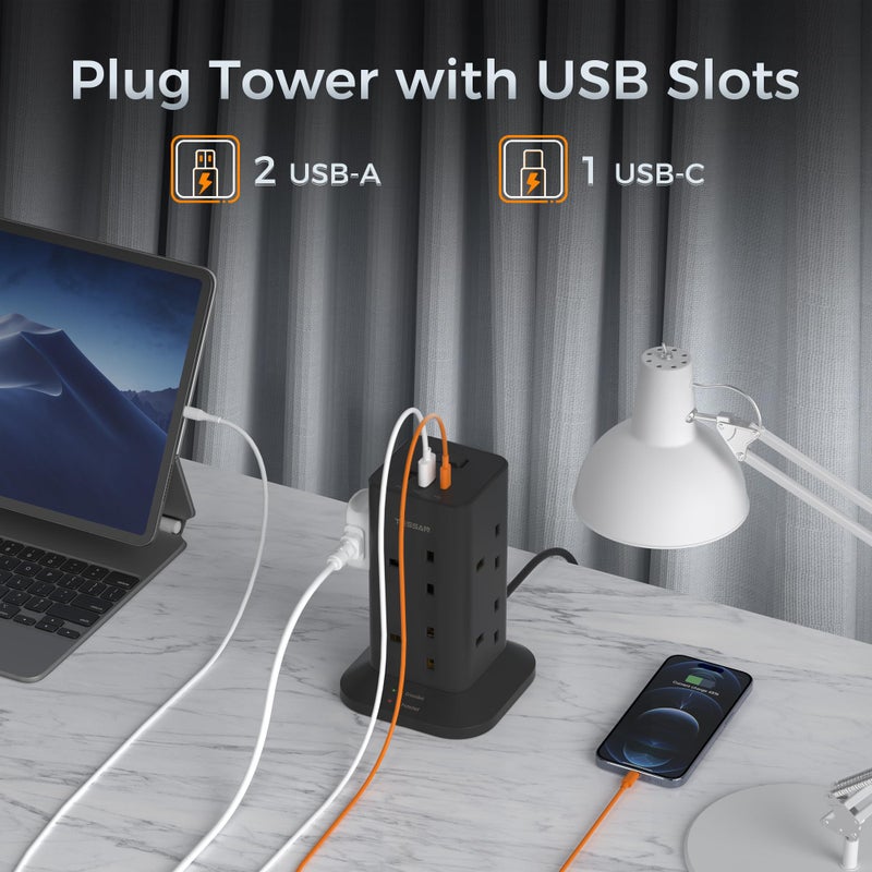 TESSAN Tower Black Extension Lead with USB C Slots - Image 3