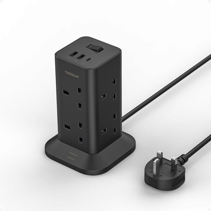 TESSAN Tower Black Extension Lead with USB C Slots - Image 1