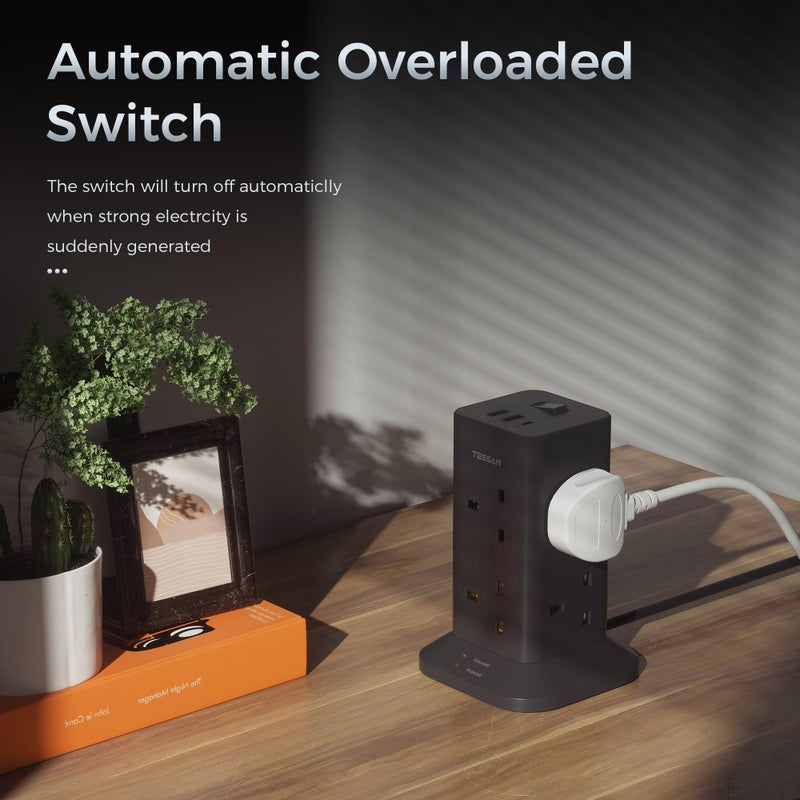TESSAN Tower Black Extension Lead with USB C Slots - Image 4