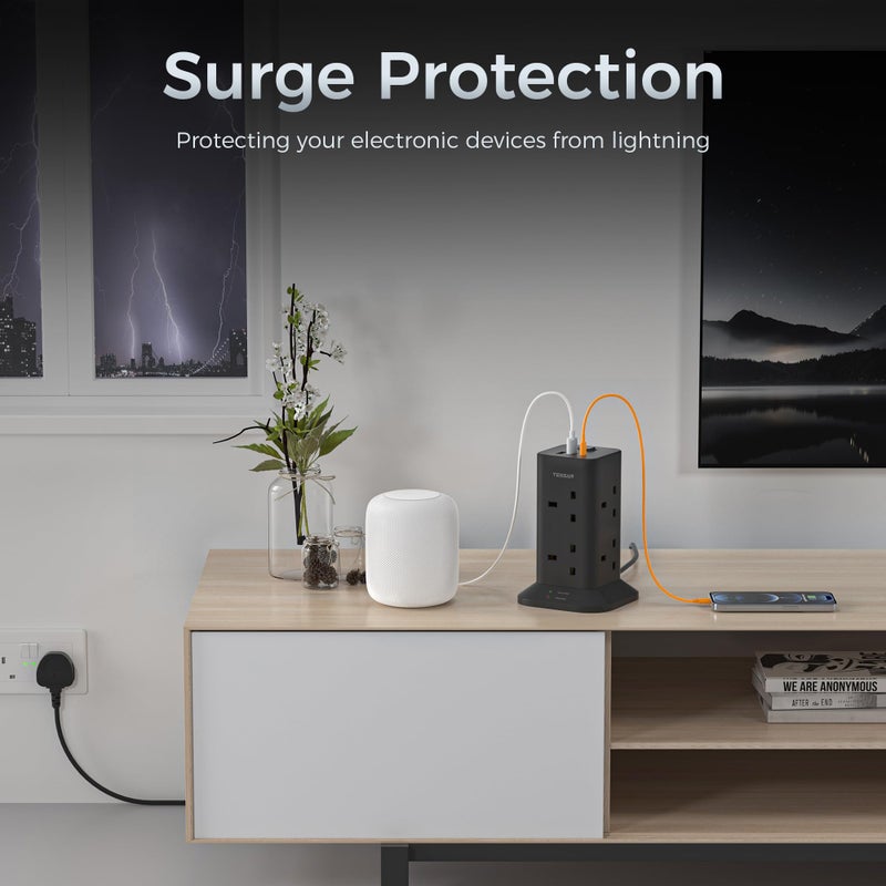 TESSAN Tower Black Extension Lead with USB C Slots - Image 2