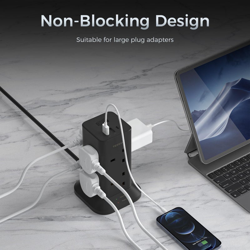 TESSAN Tower Black Extension Lead with USB C Slots - Image 5