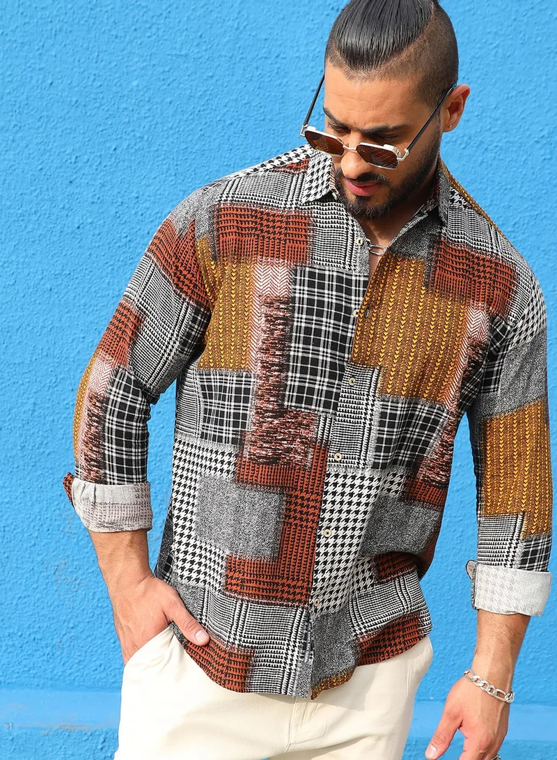 Instafab Plus Instafab Plus Men's Brown Herringbone Block Shirt For Casual Wear | Spread Collar | Long Sleeve | Button Closure | Cotton Shirt Crafted With Comfort Fit For Everyday Wear