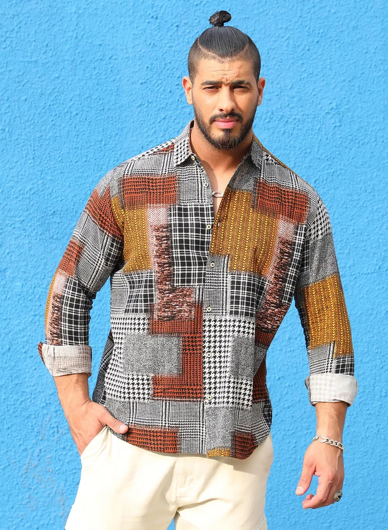 Instafab Plus Instafab Plus Men's Brown Herringbone Block Shirt For Casual Wear | Spread Collar | Long Sleeve | Button Closure | Cotton Shirt Crafted With Comfort Fit For Everyday Wear