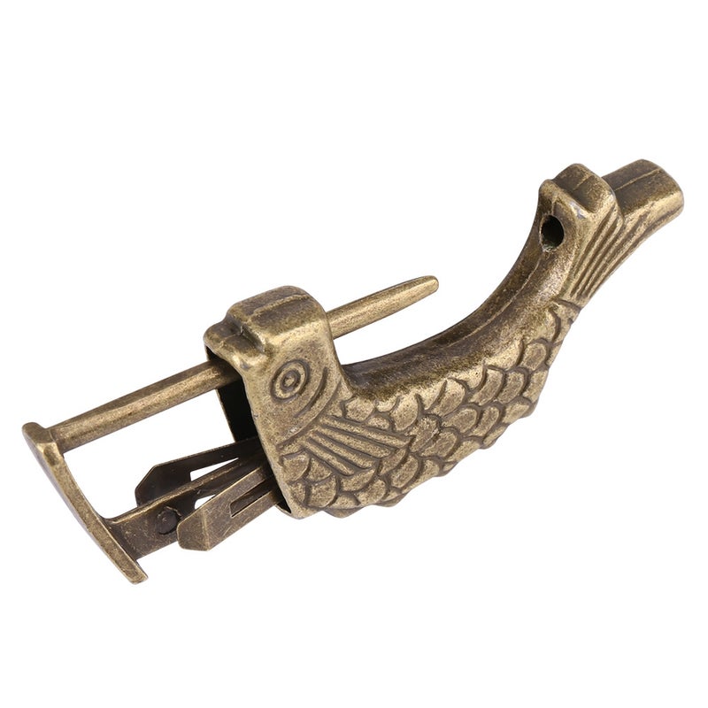 Antique Fish Shaped Bronze Metal Lock Old Chinese Padlock For Drawer Jewelry Box - Image 5