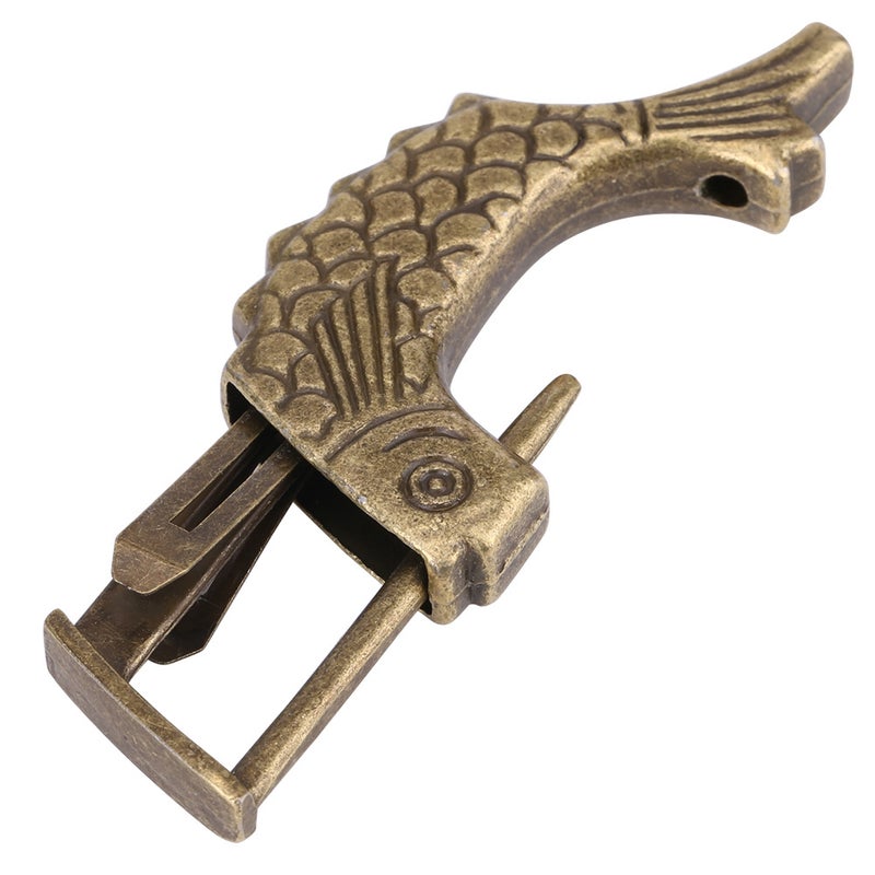 Antique Fish Shaped Bronze Metal Lock Old Chinese Padlock For Drawer Jewelry Box - Image 4