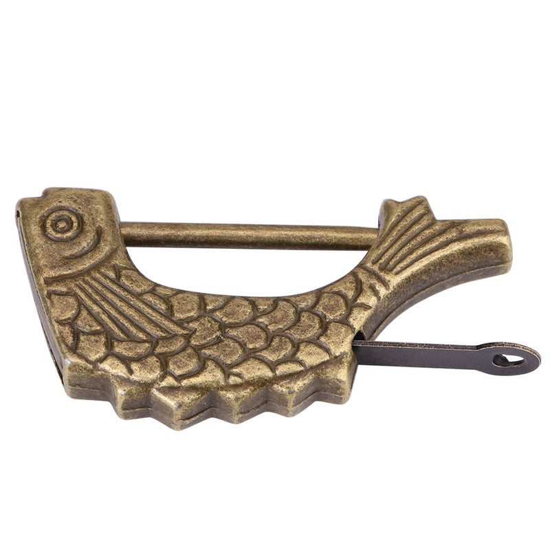 Antique Fish Shaped Bronze Metal Lock Old Chinese Padlock For Drawer Jewelry Box - Image 2