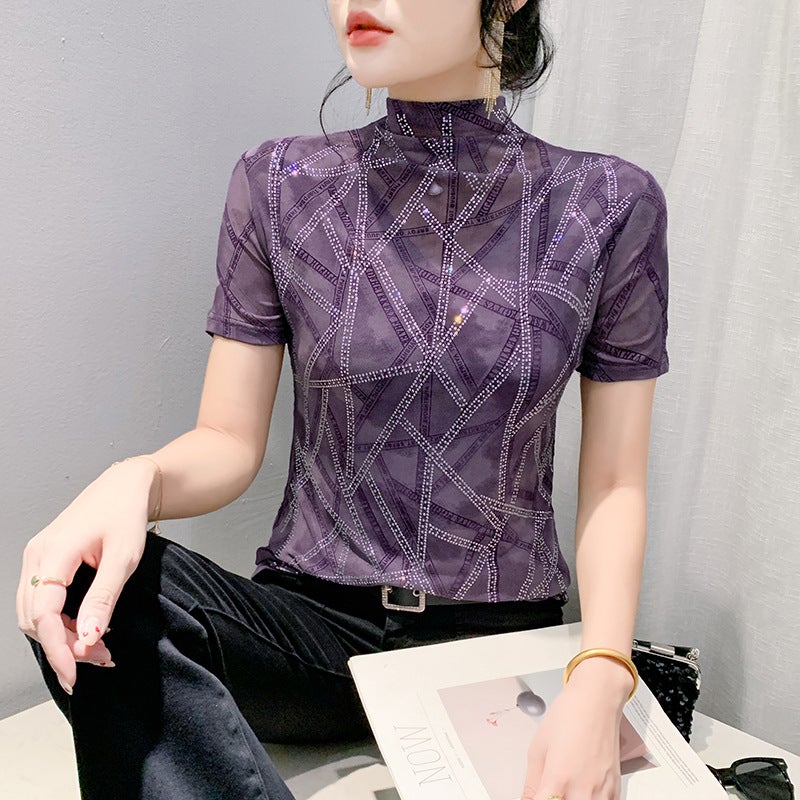 Fashion Printed Drilling T-Shirt Women'S Short-Sleeved Summer Stylish Design Sense Mesh Top Slim-Fit Half-High Collar Base Shirt - Image 4