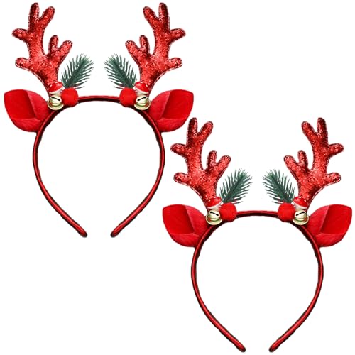 WLBON 2 Pcs Christmas Reindeer Antlers Headband Deer Antlers Ears Hair Hoops Bands Elk Horns Headpiece Hairband Women Xmas Tree Bells Cosplay Dress Up Halloween Wedding Holiday Birthday Party Accessories - Image 1
