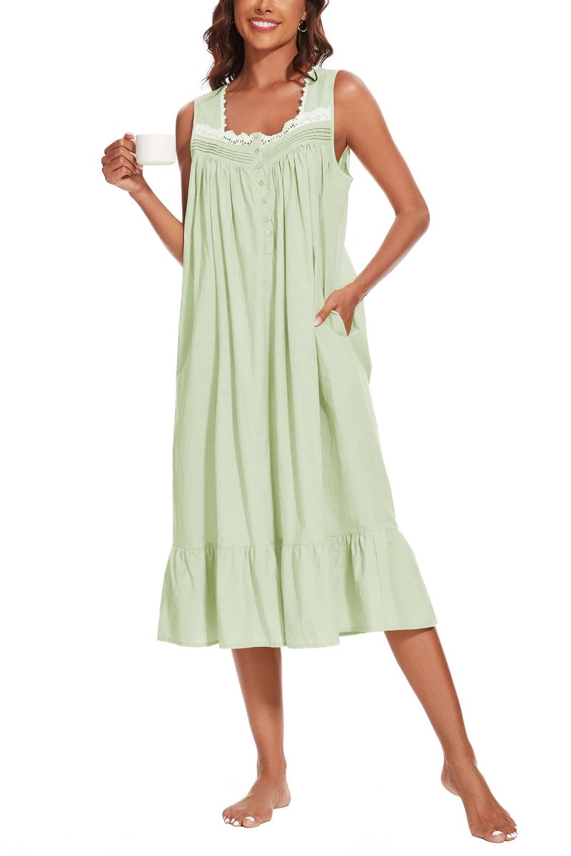 AVIIER 100% Cotton Nightgowns for Women Sleeveless Sleep Dress Ladies Gowns Sleepwear with Pockets (Light Green, Small) - Image 5