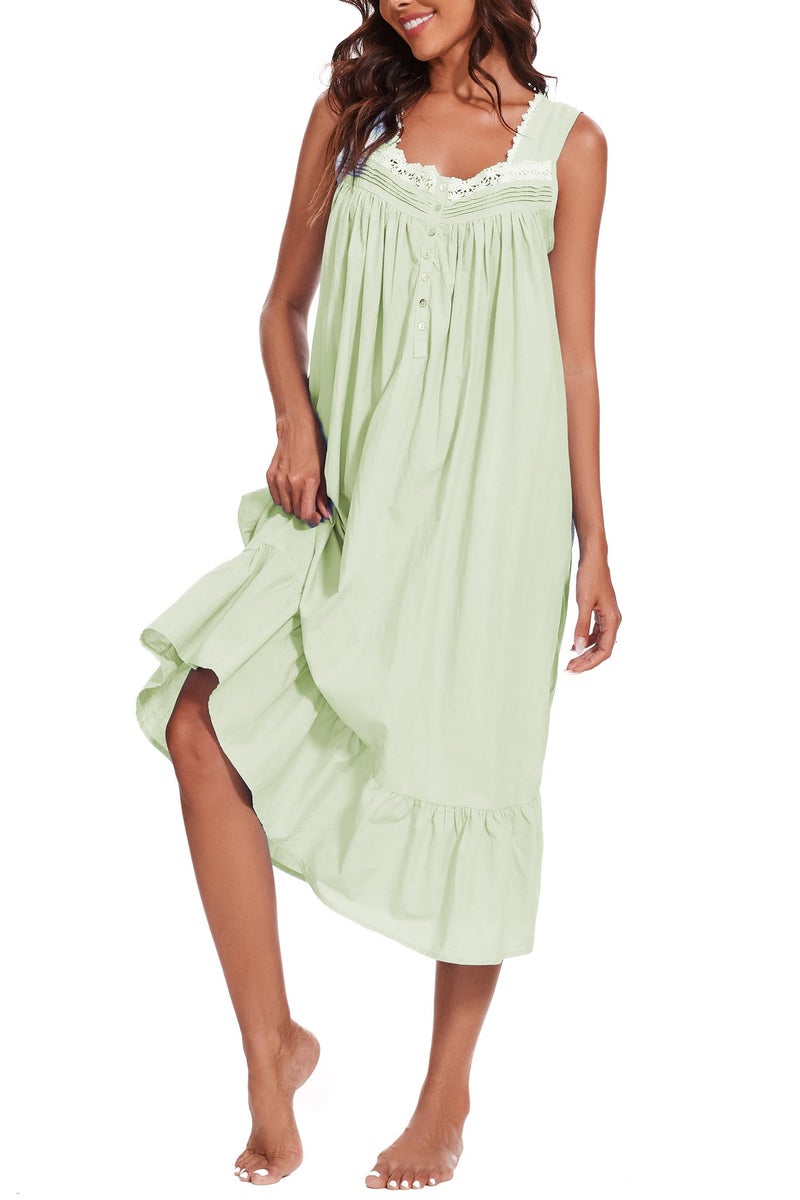 AVIIER 100% Cotton Nightgowns for Women Sleeveless Sleep Dress Ladies Gowns Sleepwear with Pockets (Light Green, Small) - Image 3