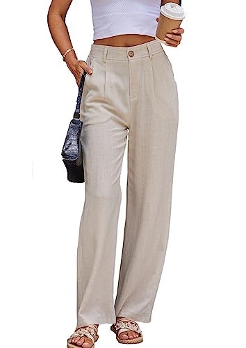 heipeiwa Women's Linen Casual High Waist Wide Leg Straight Dress Cotton Linen Pants Button Trousers - Image 1