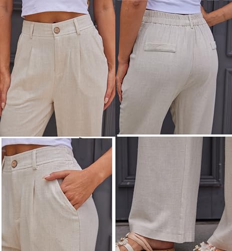 heipeiwa Women's Linen Casual High Waist Wide Leg Straight Dress Cotton Linen Pants Button Trousers - Image 4
