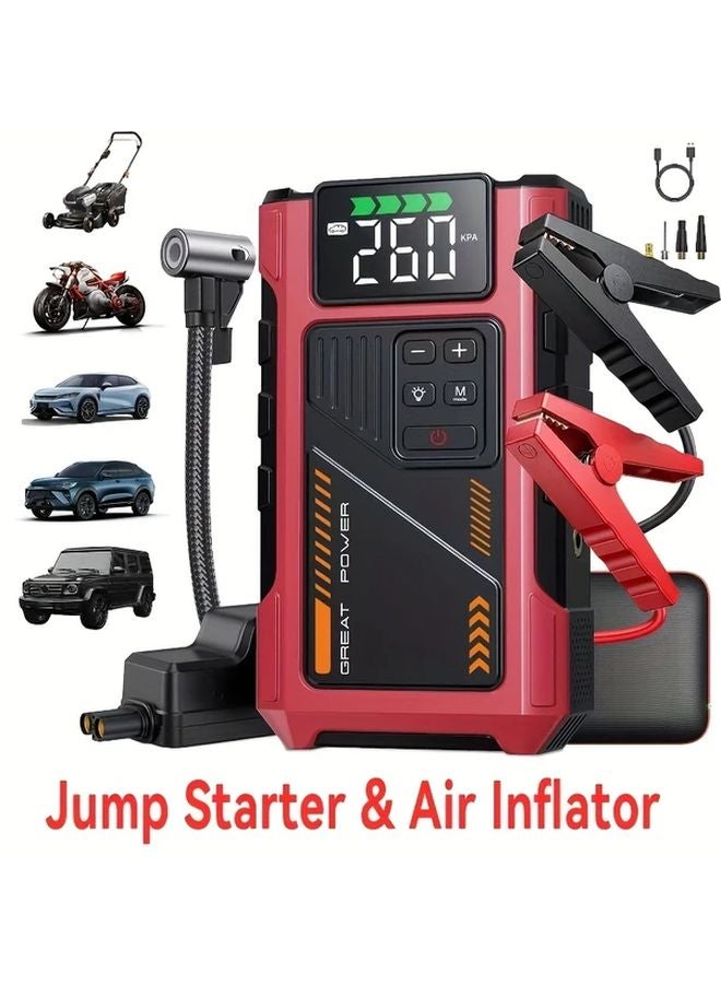 Red 6000A Peak Car Jumper with Air Compressor 150PSI Tire Inflator 12V Jump Starter USB LED Light - Image 1