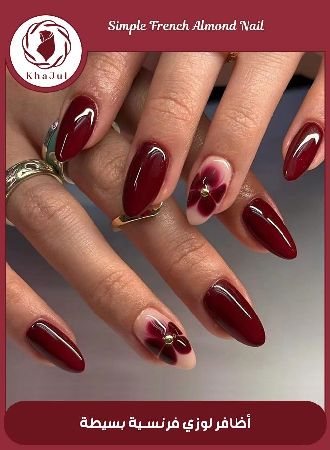 KHAJUL 24-Piece Dark Red Almond Press on Nails Short Medium Fake Nails with Glue Reusable Flower False Nails Kit Acrylic Nails Press ons Red Almond Nails for Women - Image 1