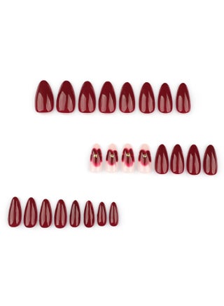 مجموعة أظافر صناعية قصيرة ومتوسطة الحجم باللون الأحمر الداكن من 24 قطعة مع غراء، مجموعة أظافر صناعية قابلة لإعادة الاستخدام على شكل زهرة، أظافر أكريليك، أظافر صناعية باللون الأحمر اللوزي للنساء - view 2
