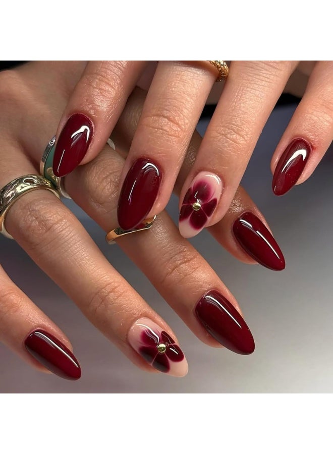 KHAJUL 24-Piece Dark Red Almond Press on Nails Short Medium Fake Nails with Glue Reusable Flower False Nails Kit Acrylic Nails Press ons Red Almond Nails for Women - Image 4